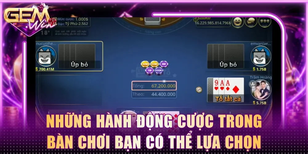 Những hành động cược trong bàn chơi bạn có thể lựa chọn